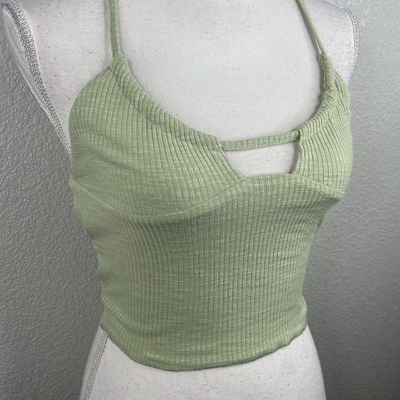 POL Green Ribbed Crop Boho Festival Coachella Summer Spring Beach Top Size Small - Picture 2 of 5
